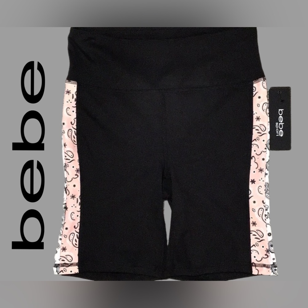 NWT bebe Sport Running/Biker Shorts, Double Paisley‎ Side Panels, Black, Size M